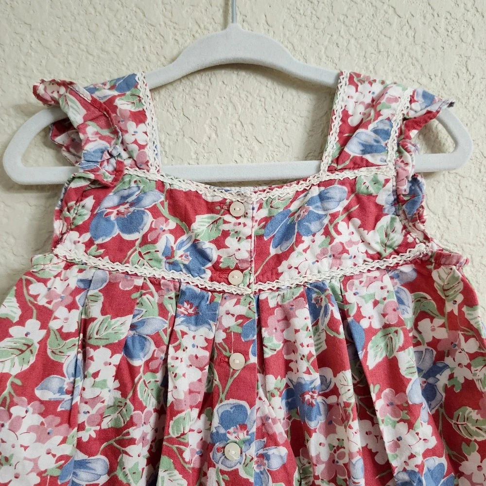 Ralph Lauren Size 24 Months Kid Red Floral Falmouth 100% Cotton Lace Trim Ruffle
